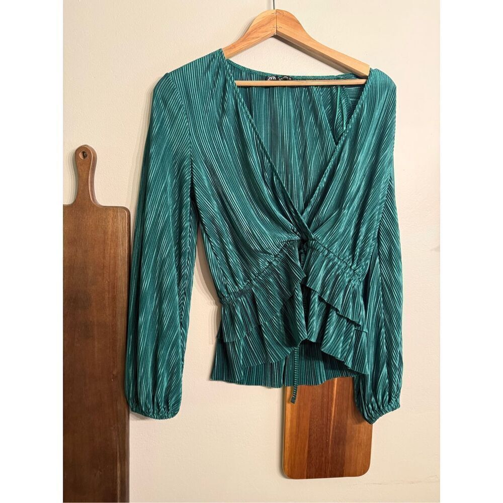 Zara Green Long Sleeve Drawstring‎ Waist Pleated Tiered V-Neck Wrap Blouse Small